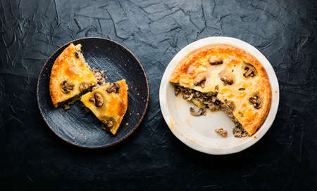 Delicious fresh pie with meat and mushrooms.Homemade meat pie.Flat lay