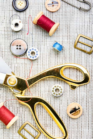 Set of buttons, threads and other sewing accessories.Tools for sewingの写真素材