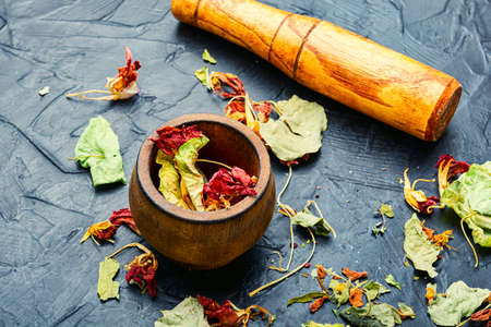 Dried leaves and flowers of nasturtium.Medicinal herbs.Herbal medicine.の写真素材