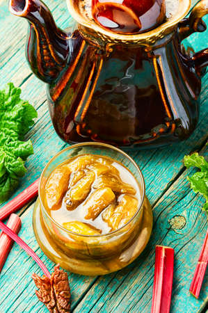 Homemade rhubarb jam in glass jarの写真素材