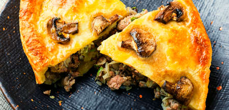 Pie with minced beef and mushrooms on plateの写真素材