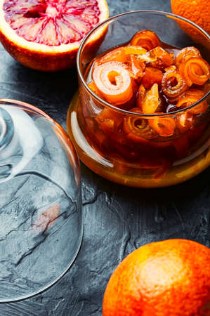 Jar of delicious orange jam.Orange marmalade or fruit jamの写真素材