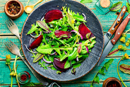 Fresh healthy dandelion, sorrel and beetroot salad.の写真素材