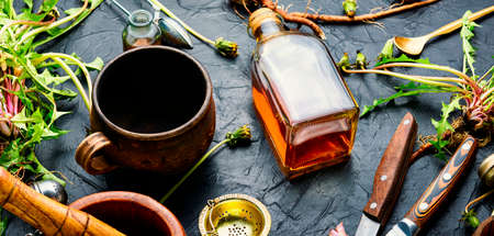 Healing herbs and herbal medicinal roots.Extract of dandelion.Taraxacum, medicinal plants.Dandelion root.の写真素材