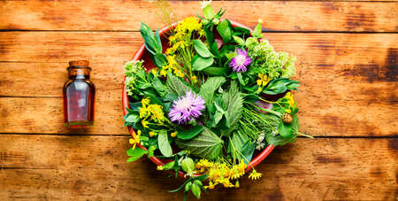Bottle of medicinal wild herbs healing tincture.Herbal medicine.Top viewの写真素材