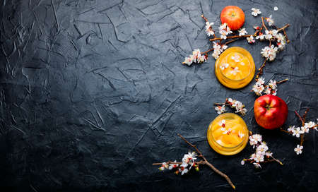 Apple jam in glass jar and fresh apples. Space for textの写真素材