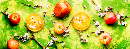 Apple jam or apple marmalade in a glass jar, long banner