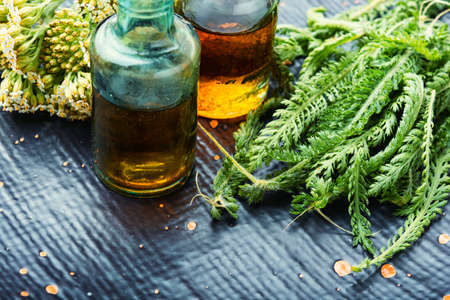 Jar of yarrow tincture.Medicine made from healing herbs.Natural herbs medicine
