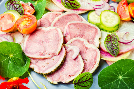 Appetizing dietary salad with veal tongue and radishの写真素材