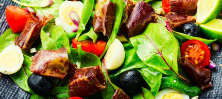Fresh salad of Swiss chard, tomato, olives and mahana.Food background,の写真素材