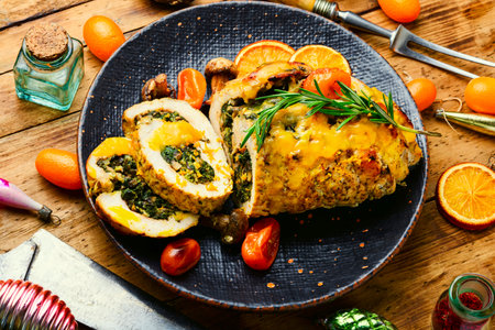 Delicious turkey breast roll stuffed herbs with citrus sauceの写真素材