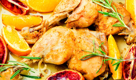 Delicious roasted chicken meat with citrus fruits. Baked chicken legs in a baking dishの写真素材