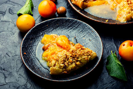 Biscuit or pie with cherry plum and nuts. Autumn homemade baked goods. Plum cake. Summer fruit cake.の写真素材