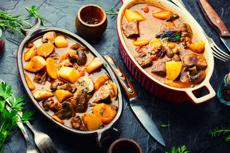 Delicious ragout with beef and mushrooms. Meat sauce with veal. Roast with mushroomsの写真素材