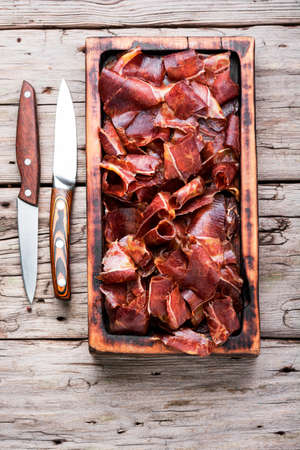 Sliced basturma or meat jerky.Beef jerky, dried beef.Armenian foodの写真素材
