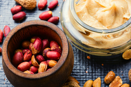 Peanut paste in glass jar. Peanut butter in bowl