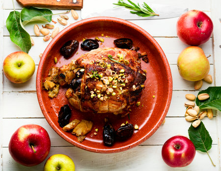 Homemade baked lean pork roll with apples and dates. Roasted meat roll.の写真素材