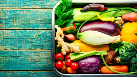 Collection of fresh summer and autumn vegetables.Vegan foodの写真素材
