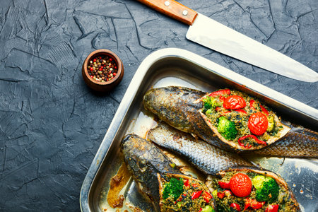 Roasted fish stuffed with broccoli and quinoa. Baked fish with vegetables in trayの写真素材