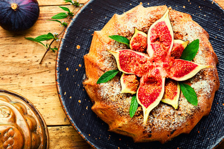 Colorful homemade pie with autumn figs.Galette with figsの写真素材