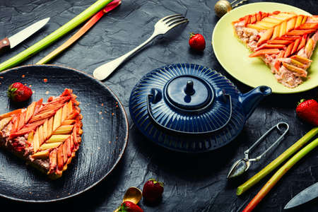 Summer rhubarb pie.Tea party with cake.Classic rhubarb pie or tart.の写真素材