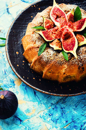 Delicious homemade pie with autumn figs. Sweet fall dessertの写真素材