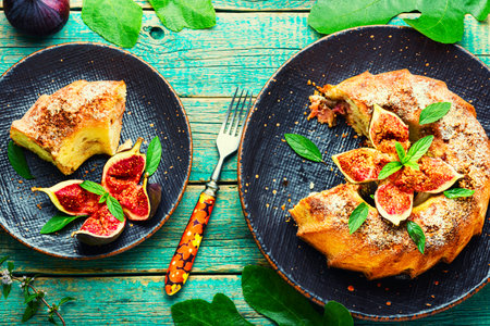 Colorful homemade pie with autumn figs.Galette with figsの写真素材