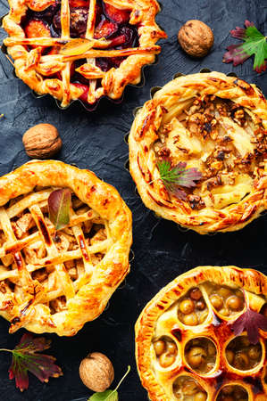 Autumn pies with pear, apple, grapes and plum.Sweet autumn dessert on the tableの写真素材