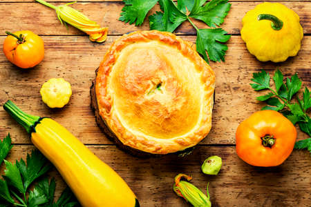 Homemade vegetable pie. Vegetarian pie with zucchini and squash.Top viewの写真素材
