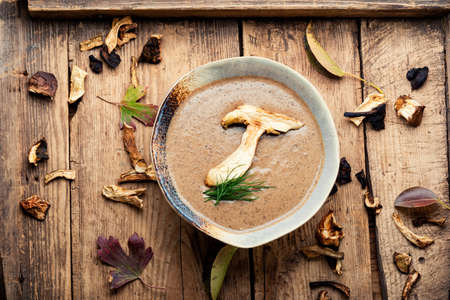 Tasty mushroom soup.Bowl of autumn mushroom cream soup on a rustic wooden tableの写真素材