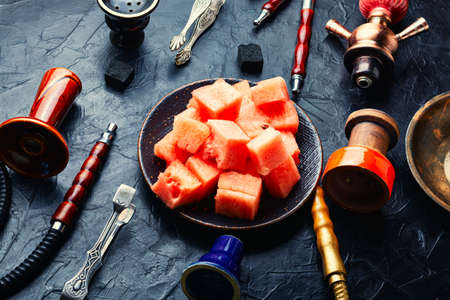 Aromatic smoking hookah with watermelon flavored tobaccoの写真素材