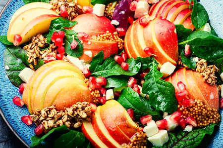 Diet salad of apples, cheese, herbs and oatmeal. Autumn salad on the plateの写真素材