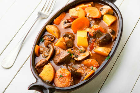 Delicious ragout with beef and mushrooms. Meat sauce with veal. Roast with mushroomsの写真素材