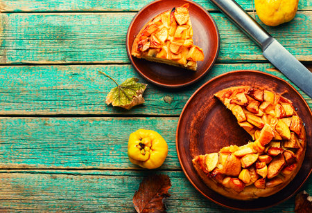 Delicious autumn quince pie. Autumn dessert.Copy spaceの写真素材