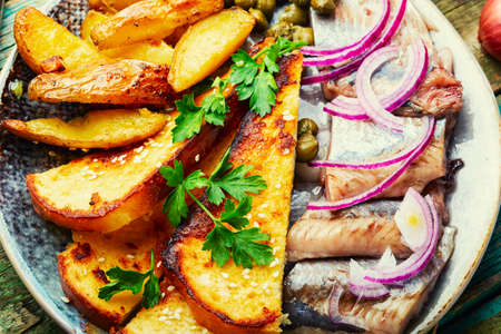 Salted herring with garnish, seafood.Marinated herring with roasted potatoesの写真素材