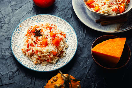 Vegetable pilaf on a plate, rice with pumpkinの写真素材