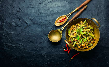 Kitchari,stewed rice with mash and spices fried in oil,space for textの写真素材