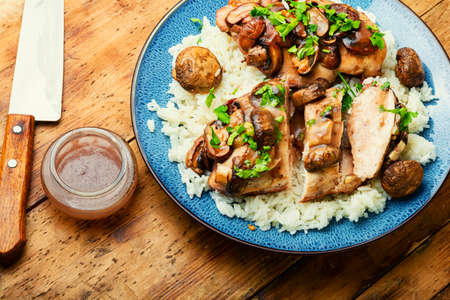 Stewed chicken breast with marsala mushroom gravy and rice.の写真素材