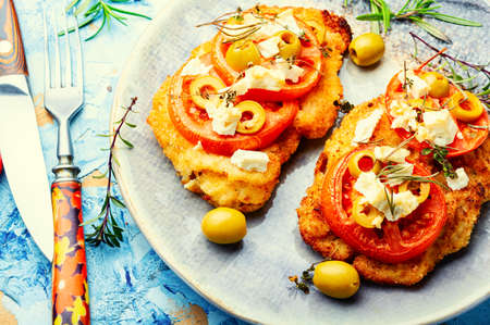 Schnitzel, breaded and fried thin layer of meat. Austrian dishの写真素材