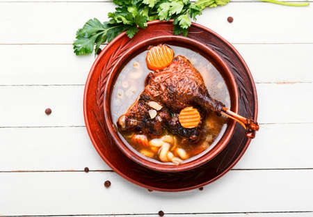 Aromatic goose leg soup with pasta on white backgroundの写真素材