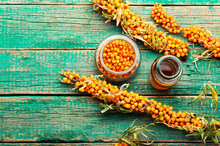 Healing extract or oil from sea buck thorn. Autumn berry in herbal medicine.Space for text