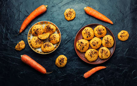 Vegetarian homemade carrot pastry, carrot cookies. Flat layの写真素材