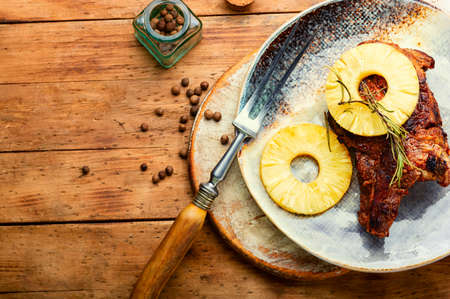 Beef entrecote baked with pineapple marinade. Space for textの写真素材