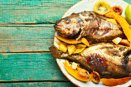 Delicious fried fish dorada with fruits and spices. Space for text