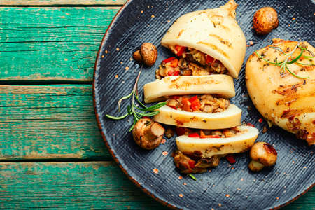 Fried squid stuffed with mushrooms and sweet peppers.