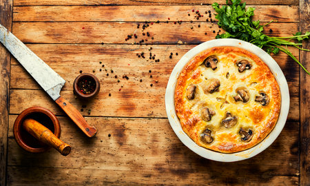 Savoury homemade pie with beef and mushrooms. Space for textの写真素材