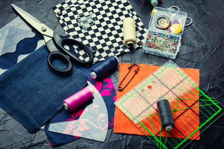 Threads, needles, buttons, fabric and seamstress tools. Handiwork setの写真素材