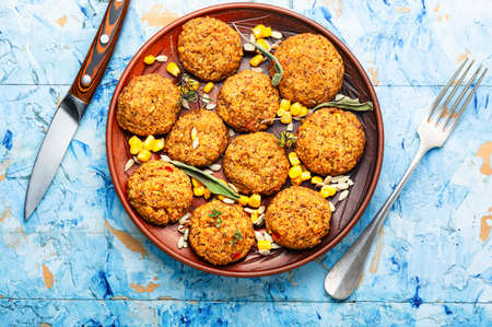 Vegetable balls. Delicious vegetable meatballs. Balls from beans, corn, cabbage, rice and sunflower seeds. Vegetarian foodの写真素材