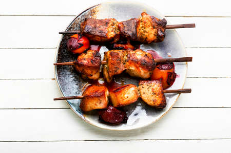 Juicy meat, barbecue. Delicious fried kebabs on skewers.Grilled skewers