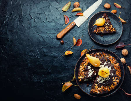 Autumn sweet dessert, pear pie. Space for textの写真素材